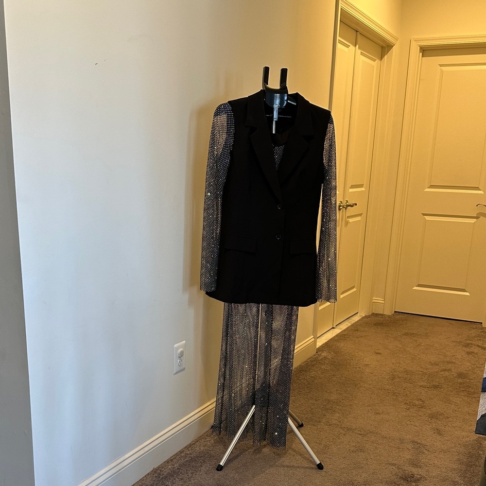 Fashion Nova Black Pant Suit with Silver Sheer Metallic Sleeves and Pants